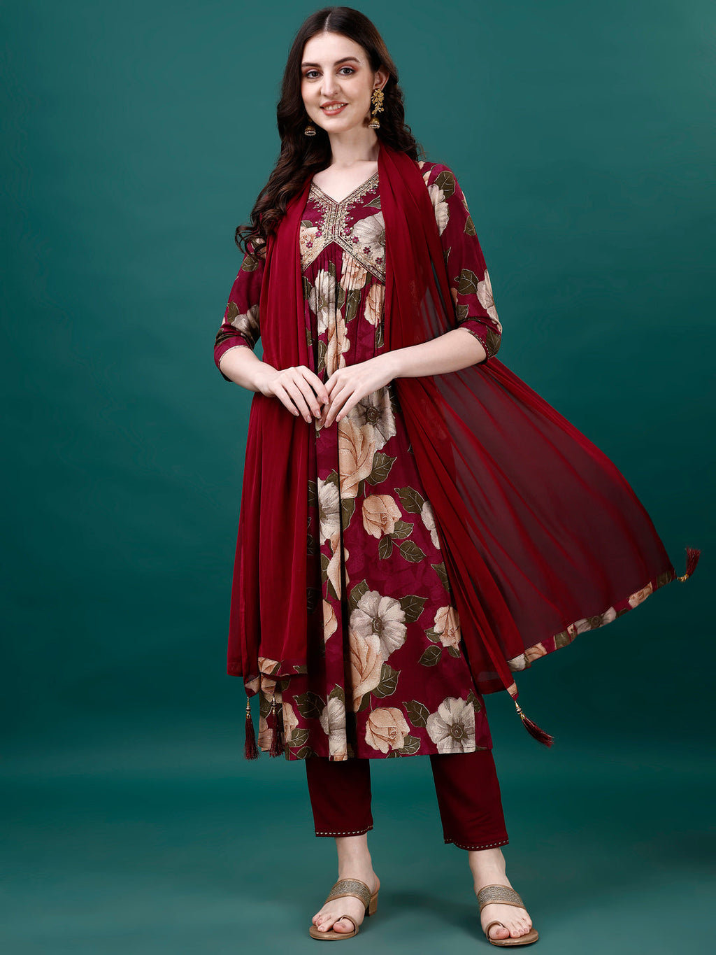 Multicolor Alia cut embroidered floral kurta set with pants and dupatta