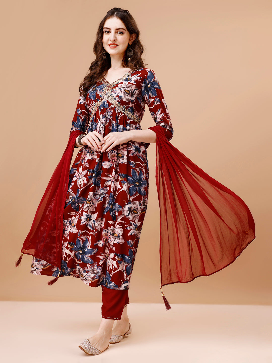Alia cut embroidered floral print kurta with matching pant and dupatta