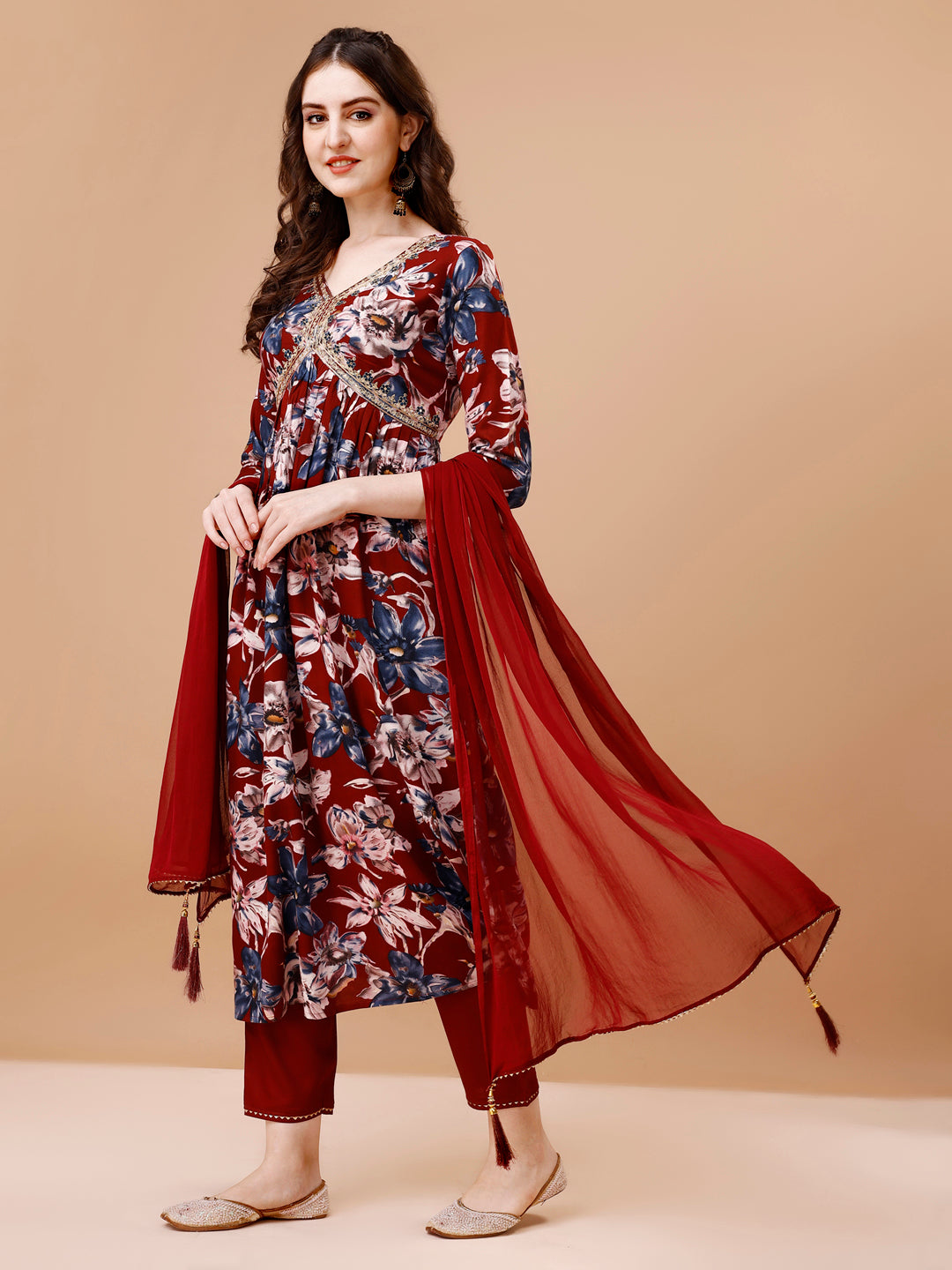 Alia Cut Embroidered Floral Rayon Kurta Set with Dupatta
