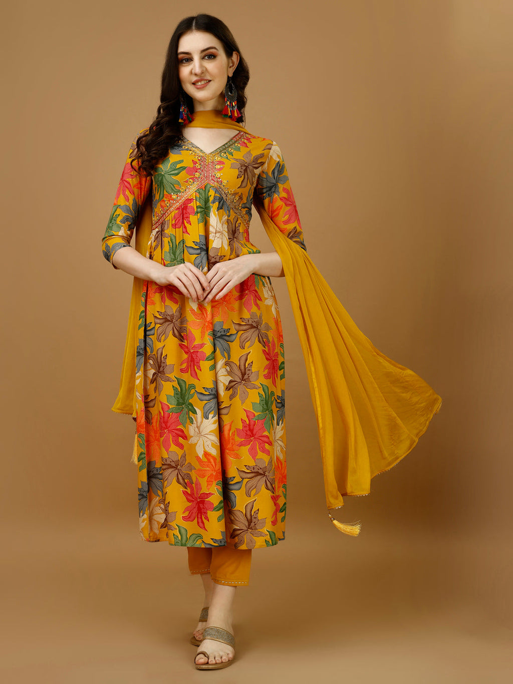 Multicolor Alia cut floral printed rayon kurta set with pant and dupatta