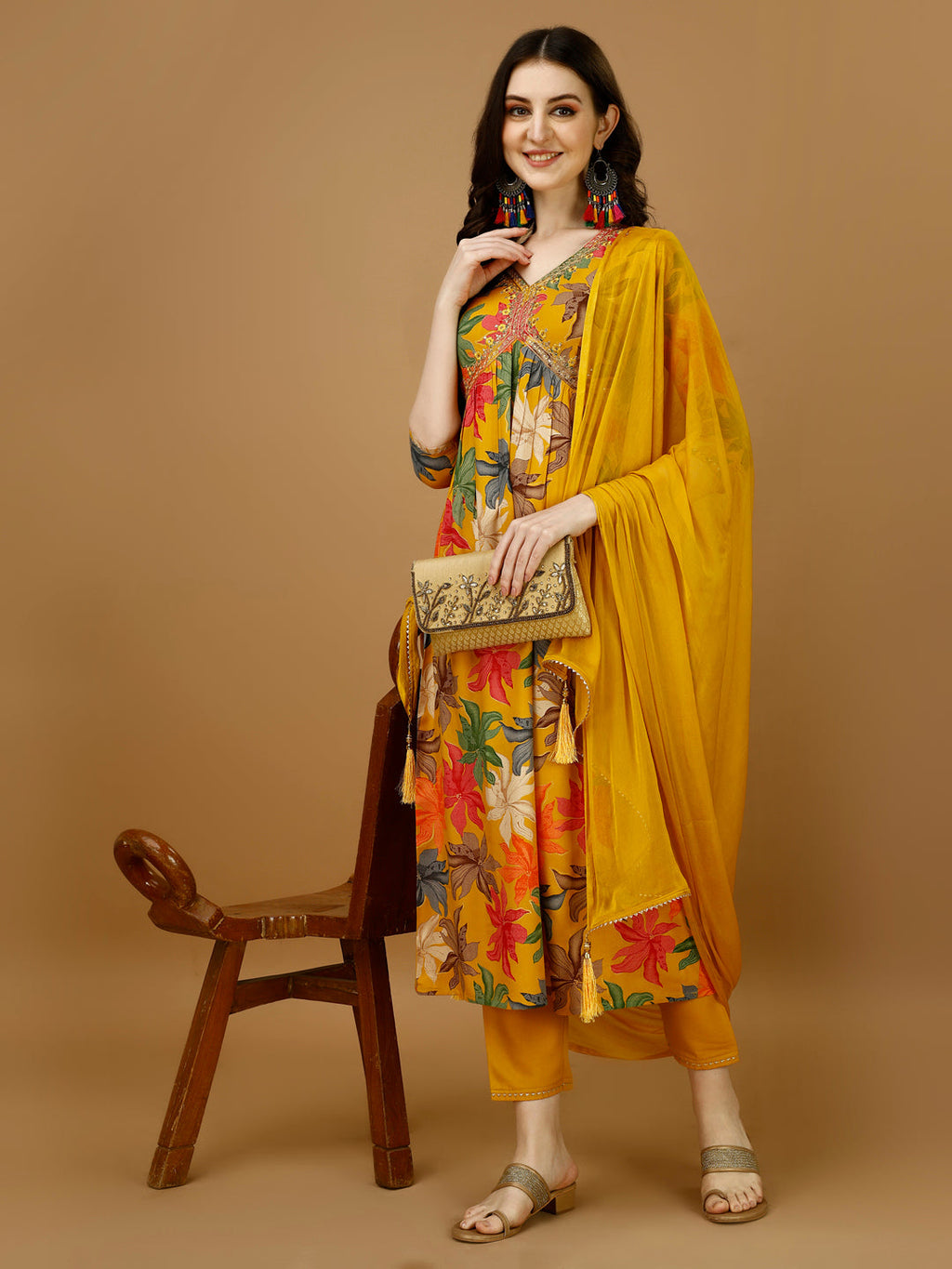 Alia Cut Floral Printed Kurta Set with Pant and Dupatta - Multicolor
