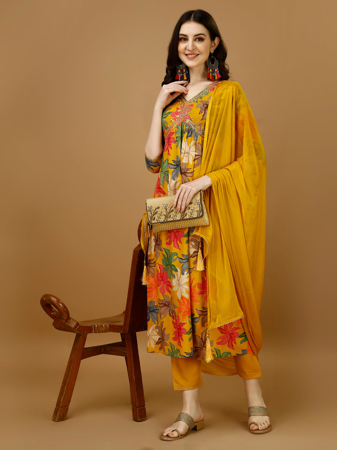 Alia Cut Floral Printed Kurta Set with Pant and Dupatta - Multicolor