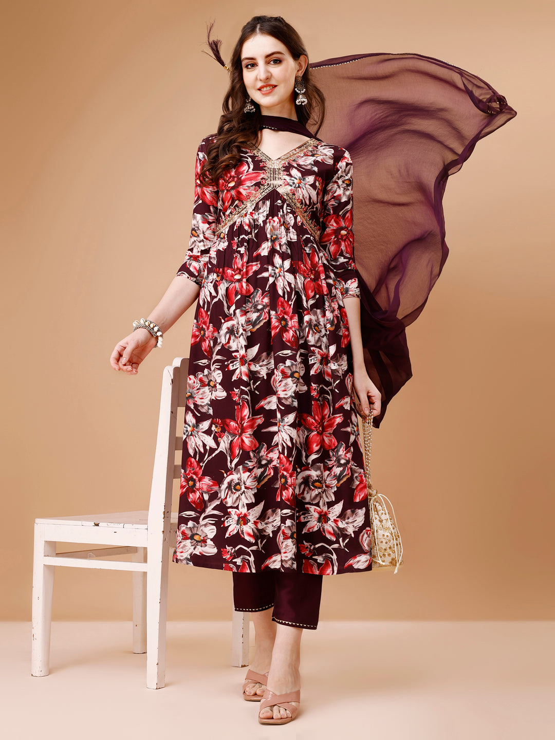 Multicolor Alia Cut rayon kurta with floral embroidery and matching dupatta