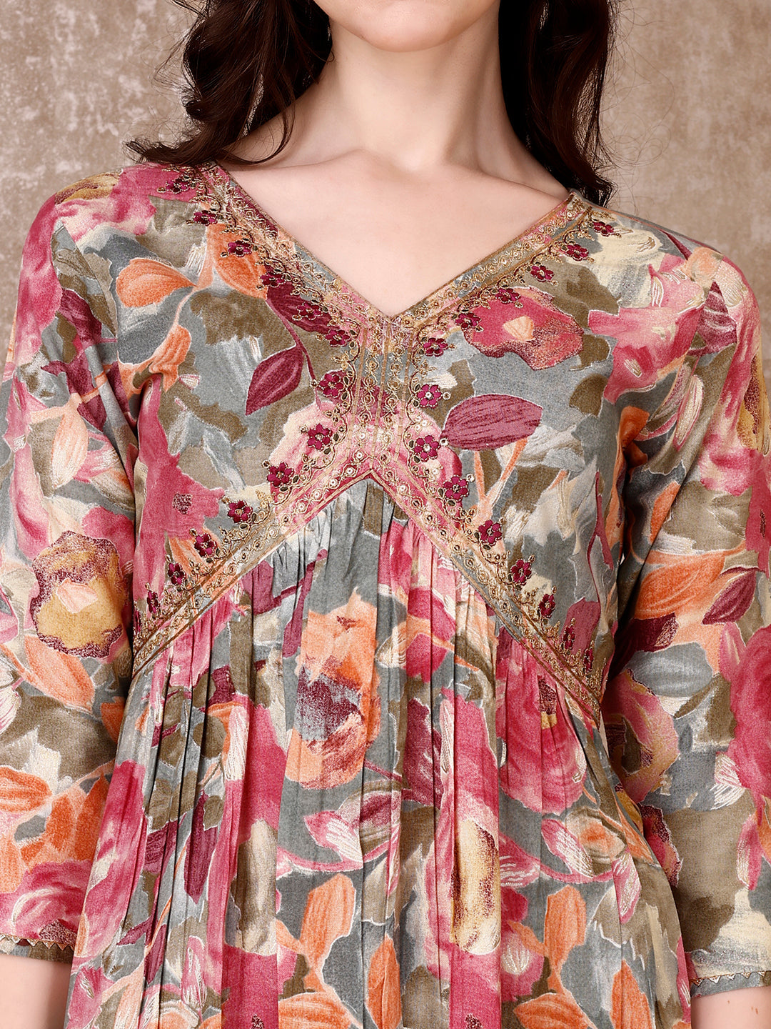 Alia Cut Floral Printed Embroidered Rayon Kurta Set, Multicolor