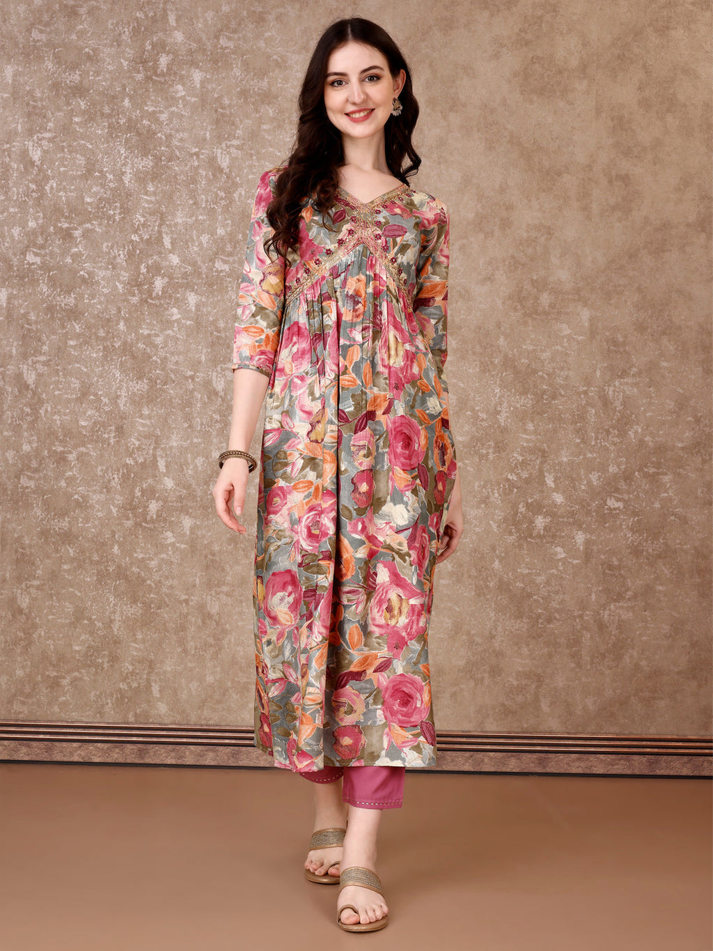 Alia Cut Floral Printed Embroidered Rayon Kurta Set, Multicolor