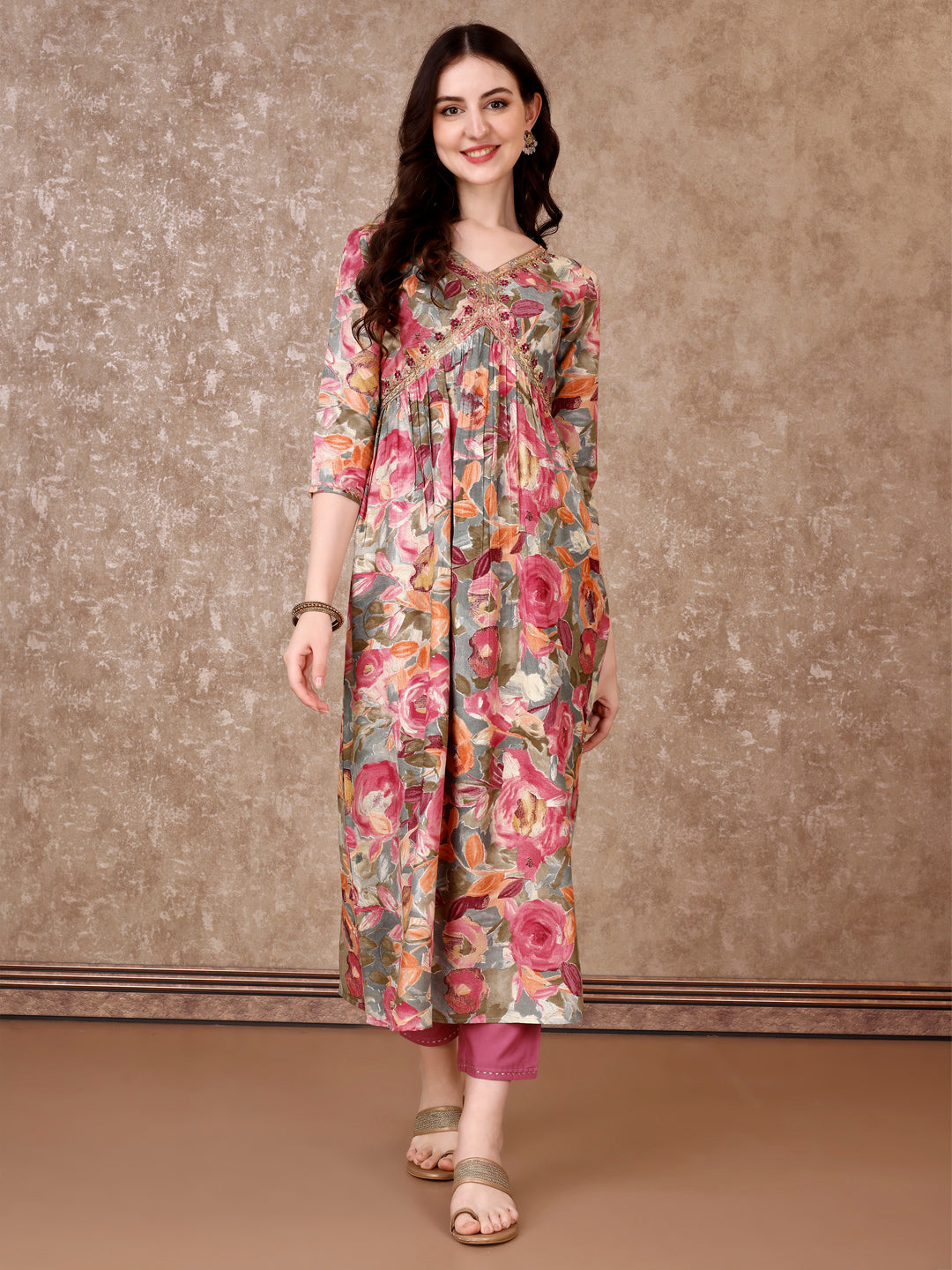 Alia Cut Floral Printed Embroidered Rayon Kurta Set, Multicolor