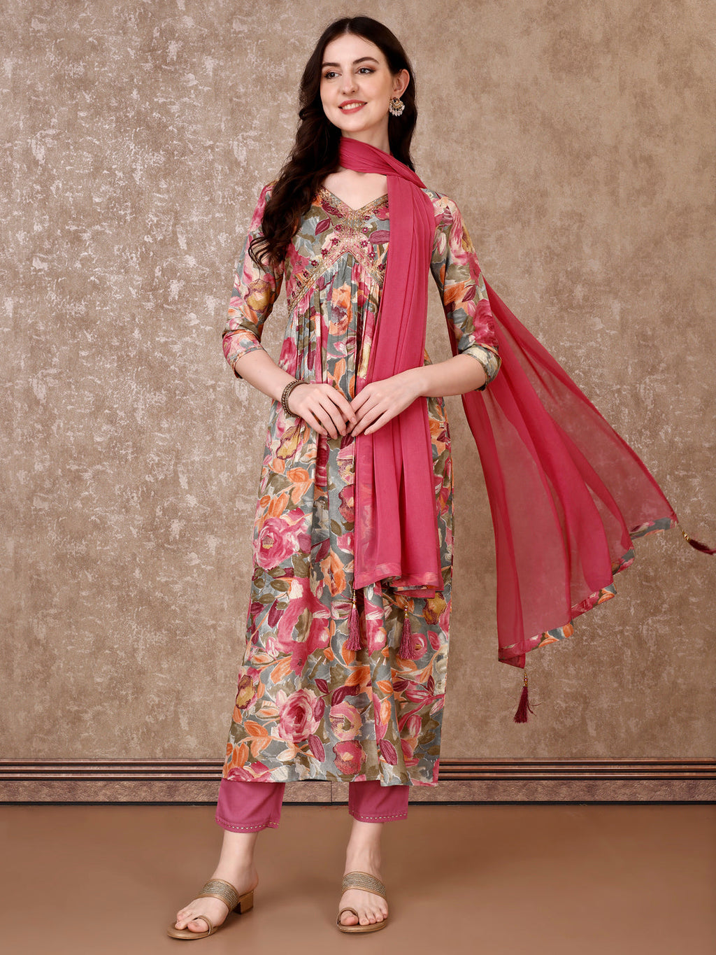 Multicolor Alia cut floral printed kurta set with matching pants and dupatta