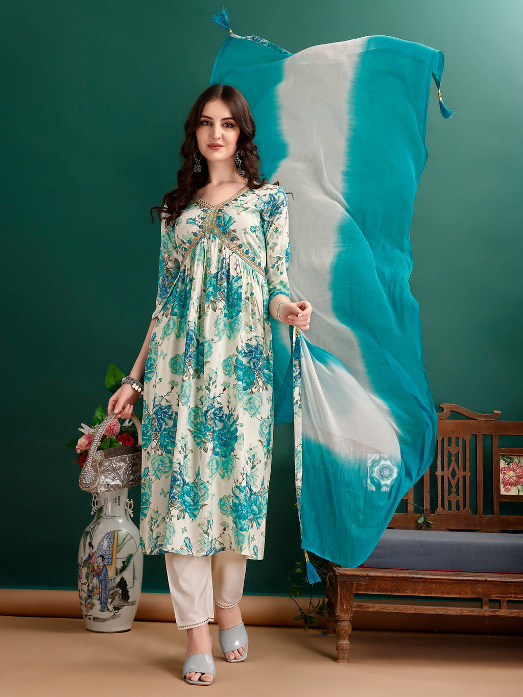 Multicolor Alia cut floral printed kurta with embroidery, matching pants, and dupatta.