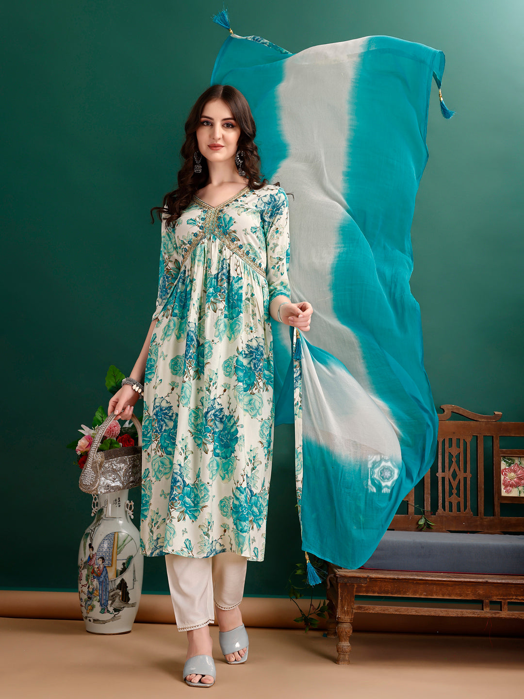 Multicolor Alia cut floral printed kurta with embroidery, matching pants, and dupatta.