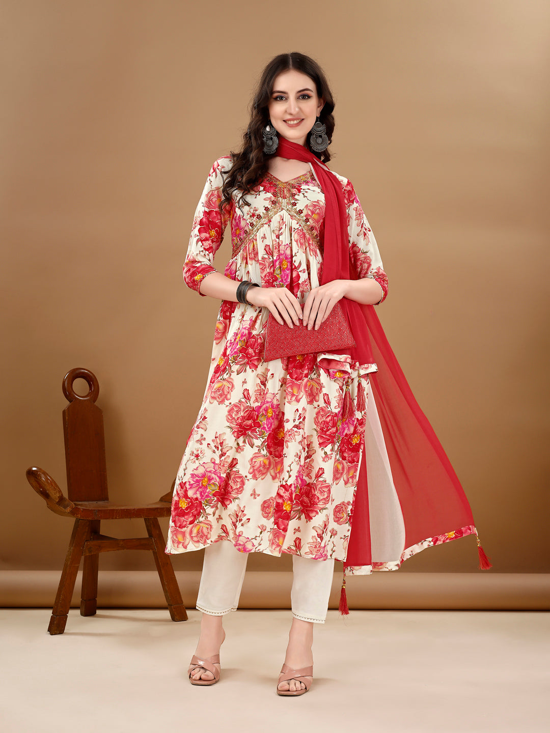 Multicolor Alia cut floral printed kurta set with embroidery detail, pants, and matching dupatta