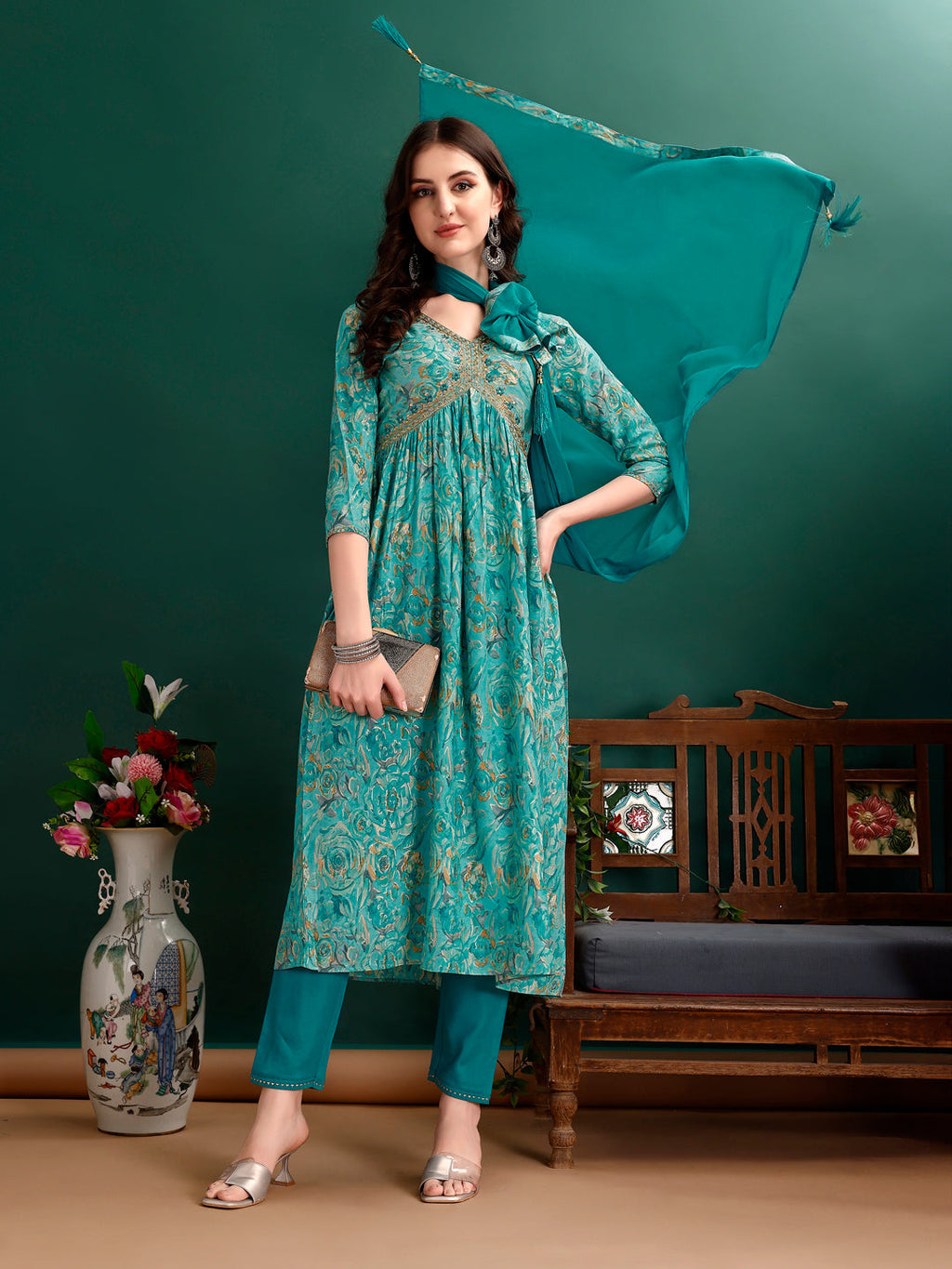 Multicolor Alia cut floral printed kurta with embroidery, pant, and dupatta