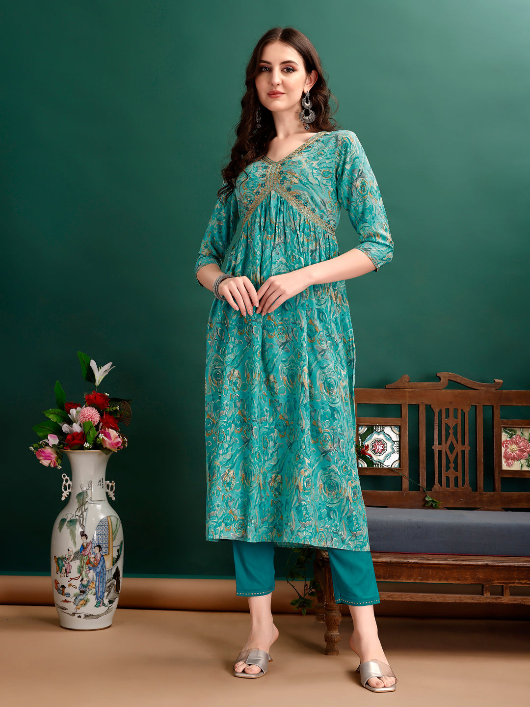 Alia Cut Floral Printed Embroidered Kurta Set with Pant & Dupatta