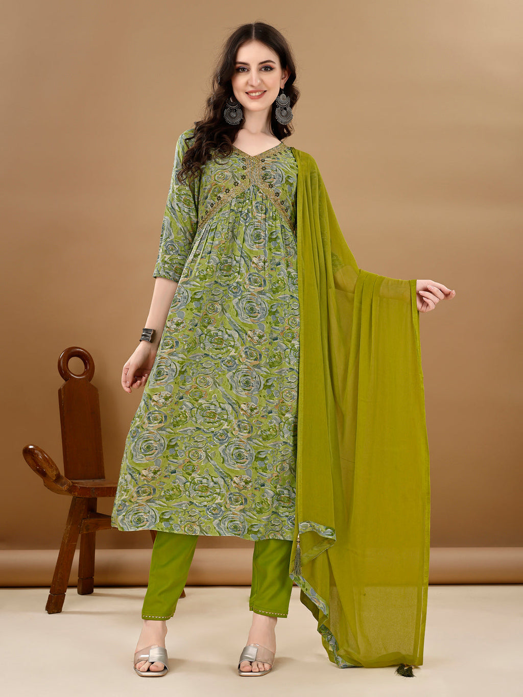 Multicolor Alia Cut Floral Kurta with Embroidered Pant & Dupatta