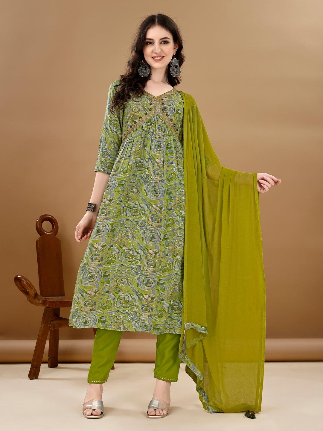 Multicolor Alia Cut Floral Kurta with Embroidered Pant & Dupatta