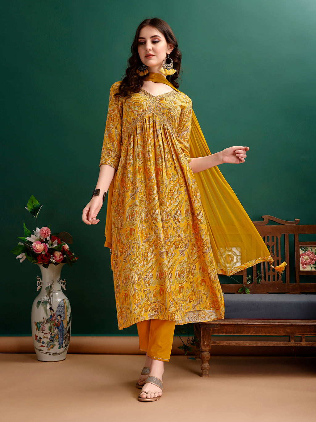 Premium multicolor floral printed and embroidered Alia cut kurta set with matching pants and dupatta