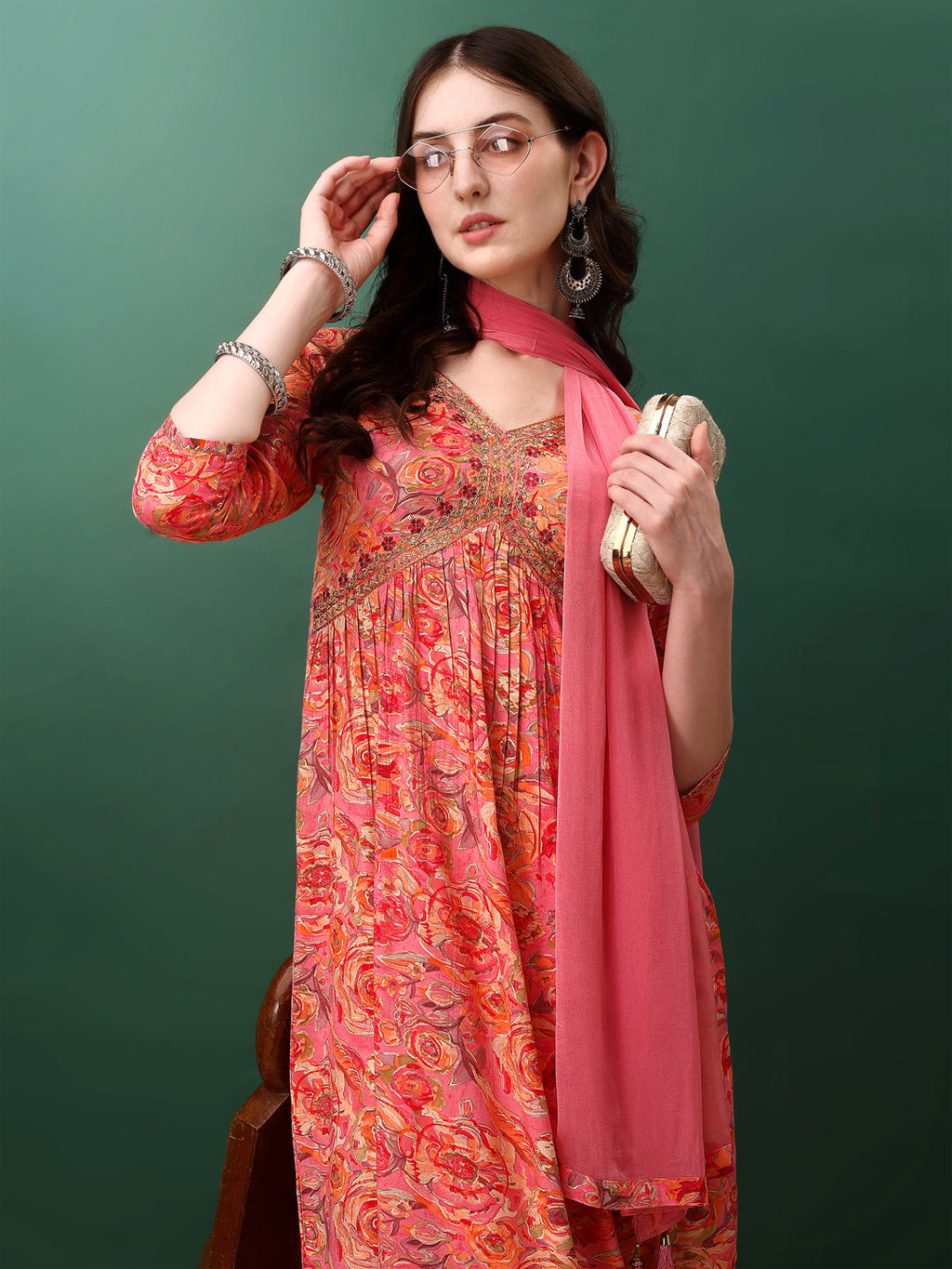 Pink floral Alia cut kurta with embroidery paired with matching pants and dupatta