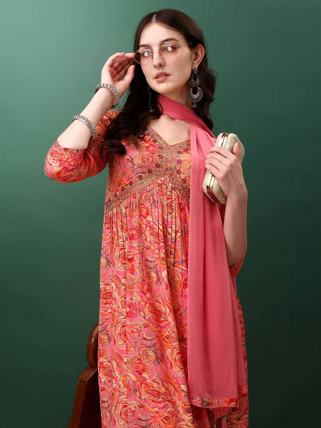 Pink floral Alia cut kurta with embroidery paired with matching pants and dupatta