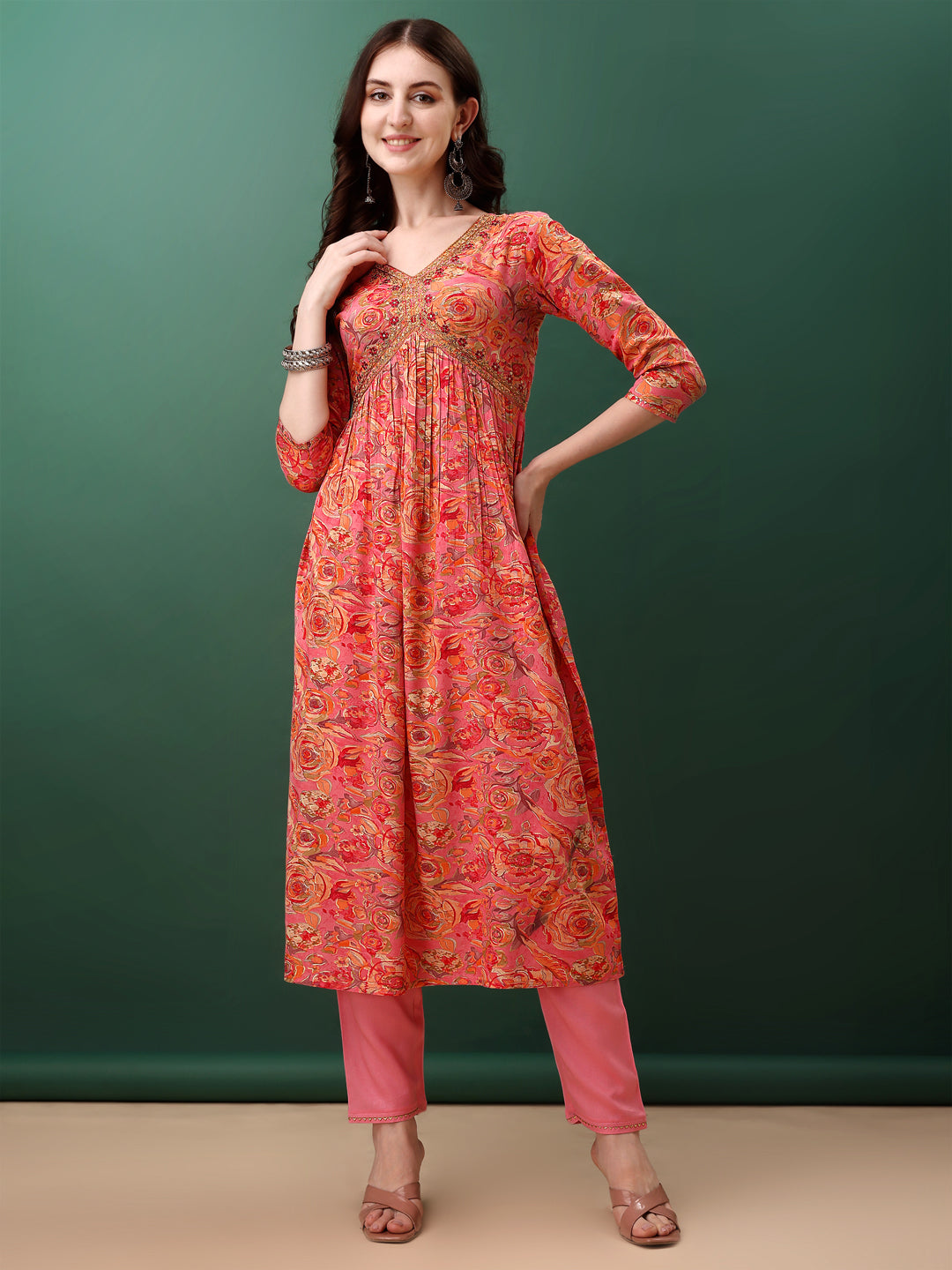 Pink Floral Alia Cut Kurta with Pant and Dupatta Set