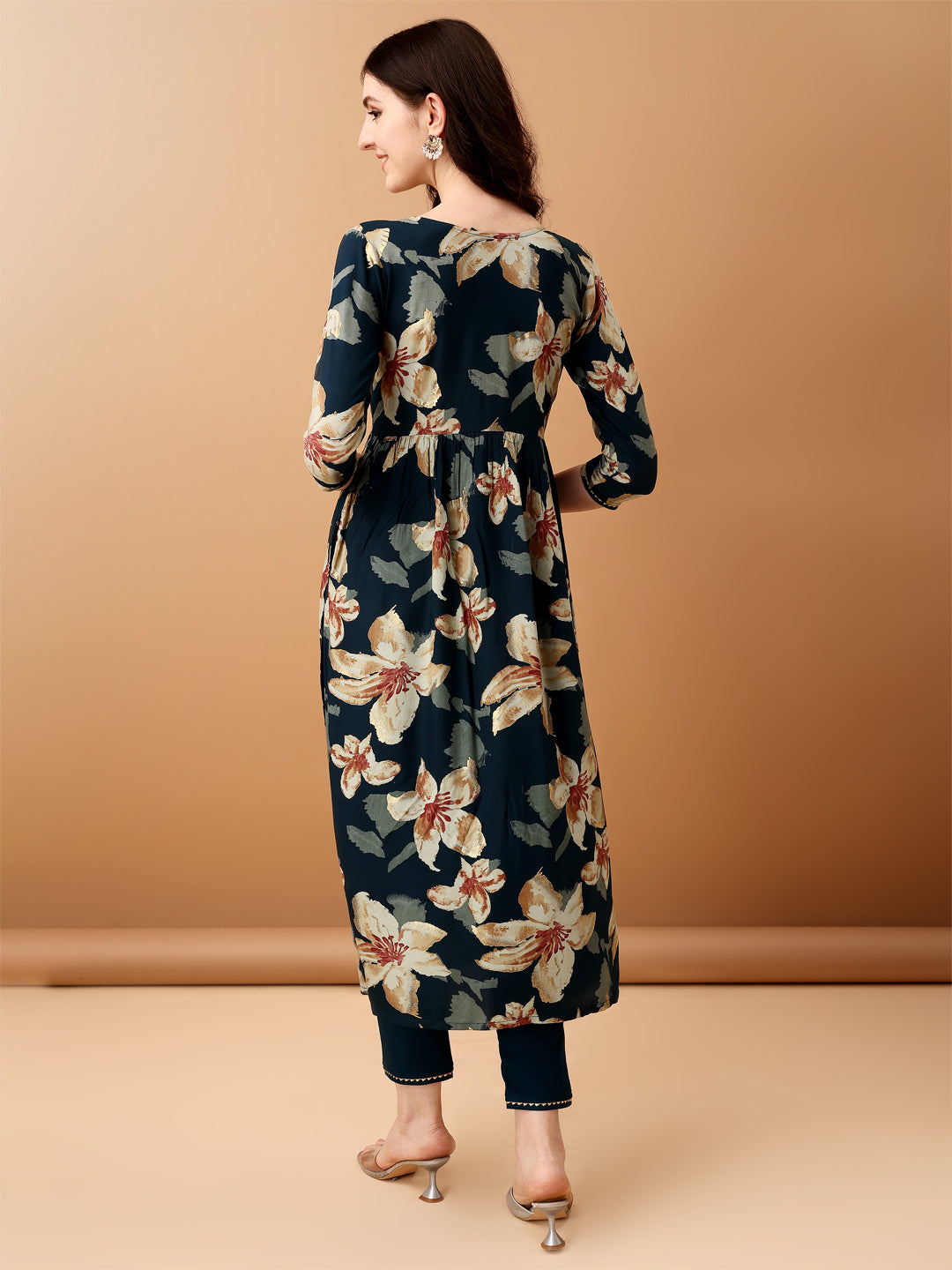 Teal Alia Cut Floral Printed Kurta Set with Pant and Dupatta