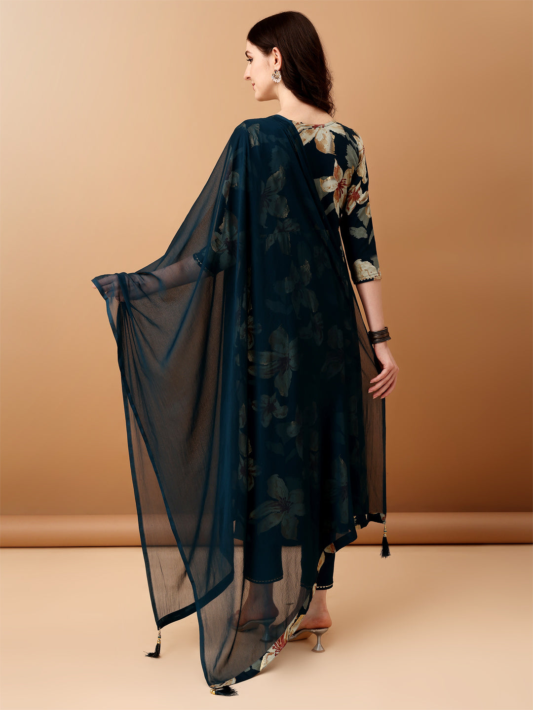 Teal Alia Cut Floral Printed Kurta Set with Pant and Dupatta
