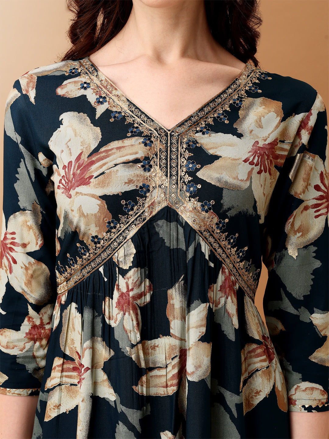 Teal Alia Cut Floral Printed Kurta Set with Pant and Dupatta