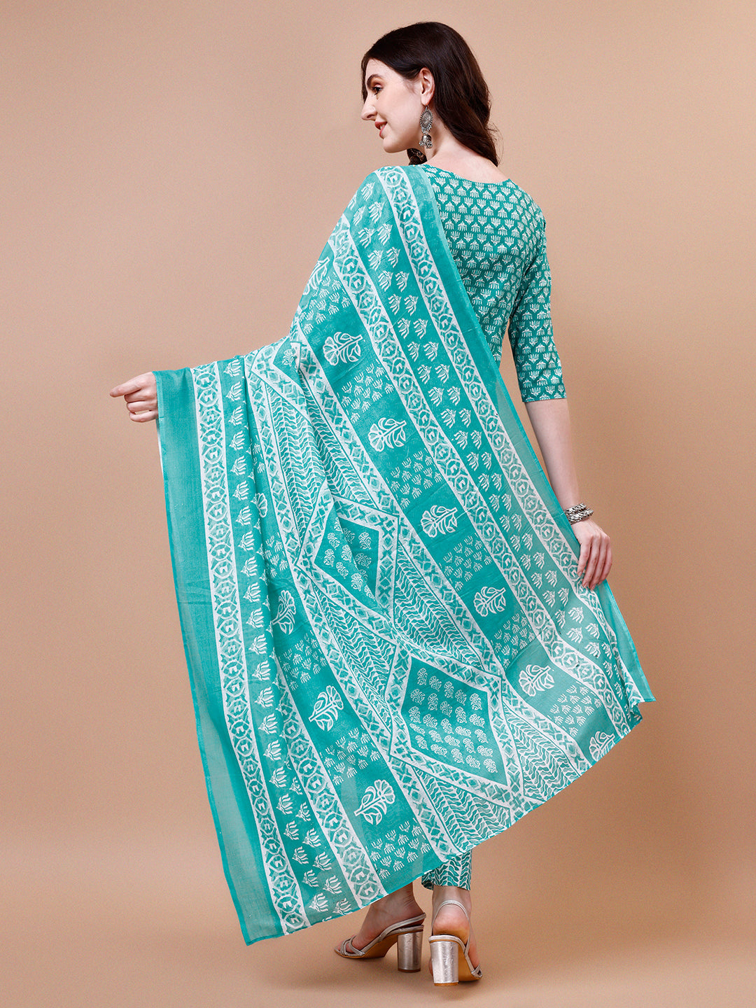 Multicolor Ethnic Motifs Printed Kurta With Pant & Dupatta Set