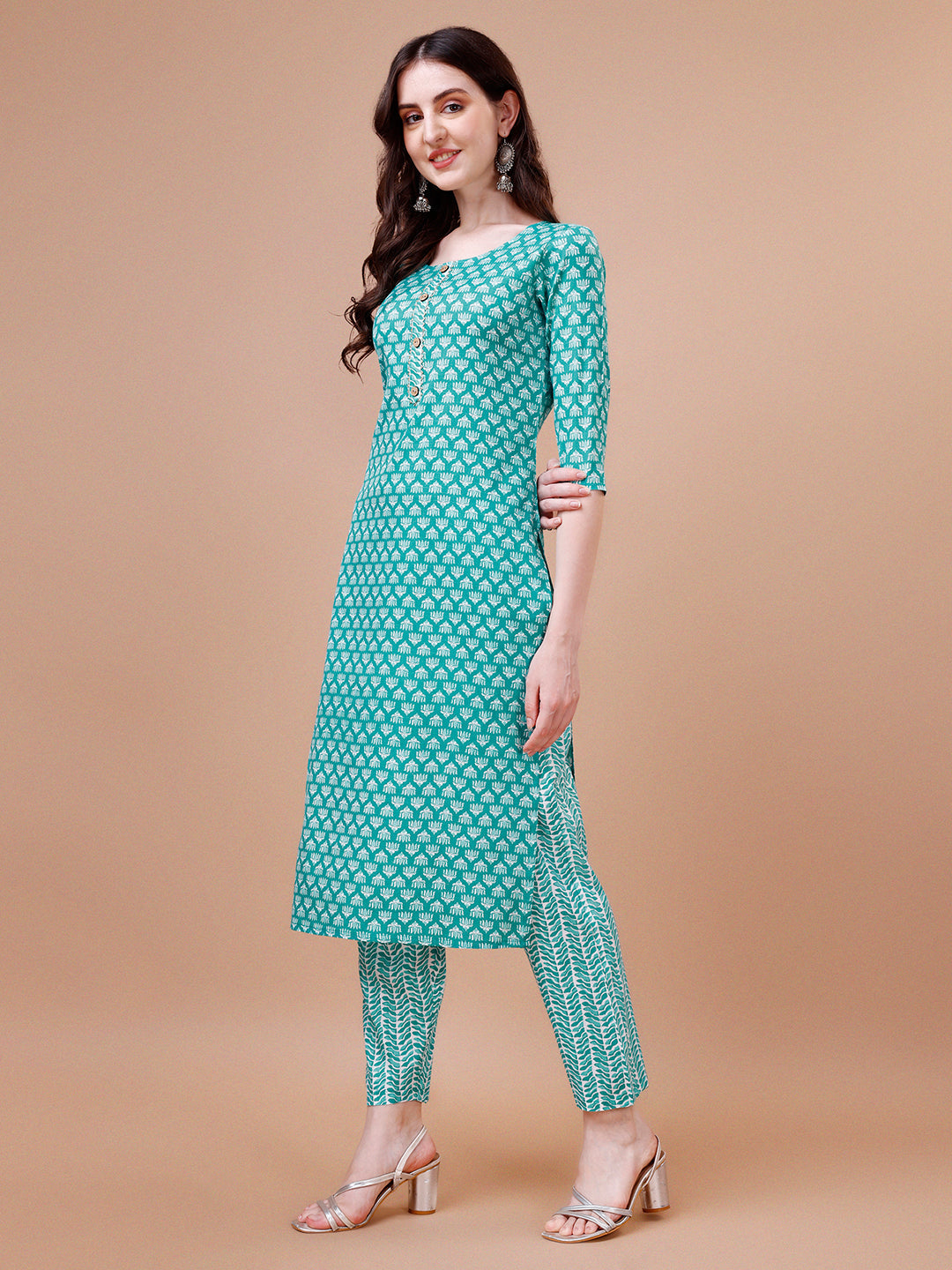 Multicolor Ethnic Motifs Printed Kurta With Pant & Dupatta Set