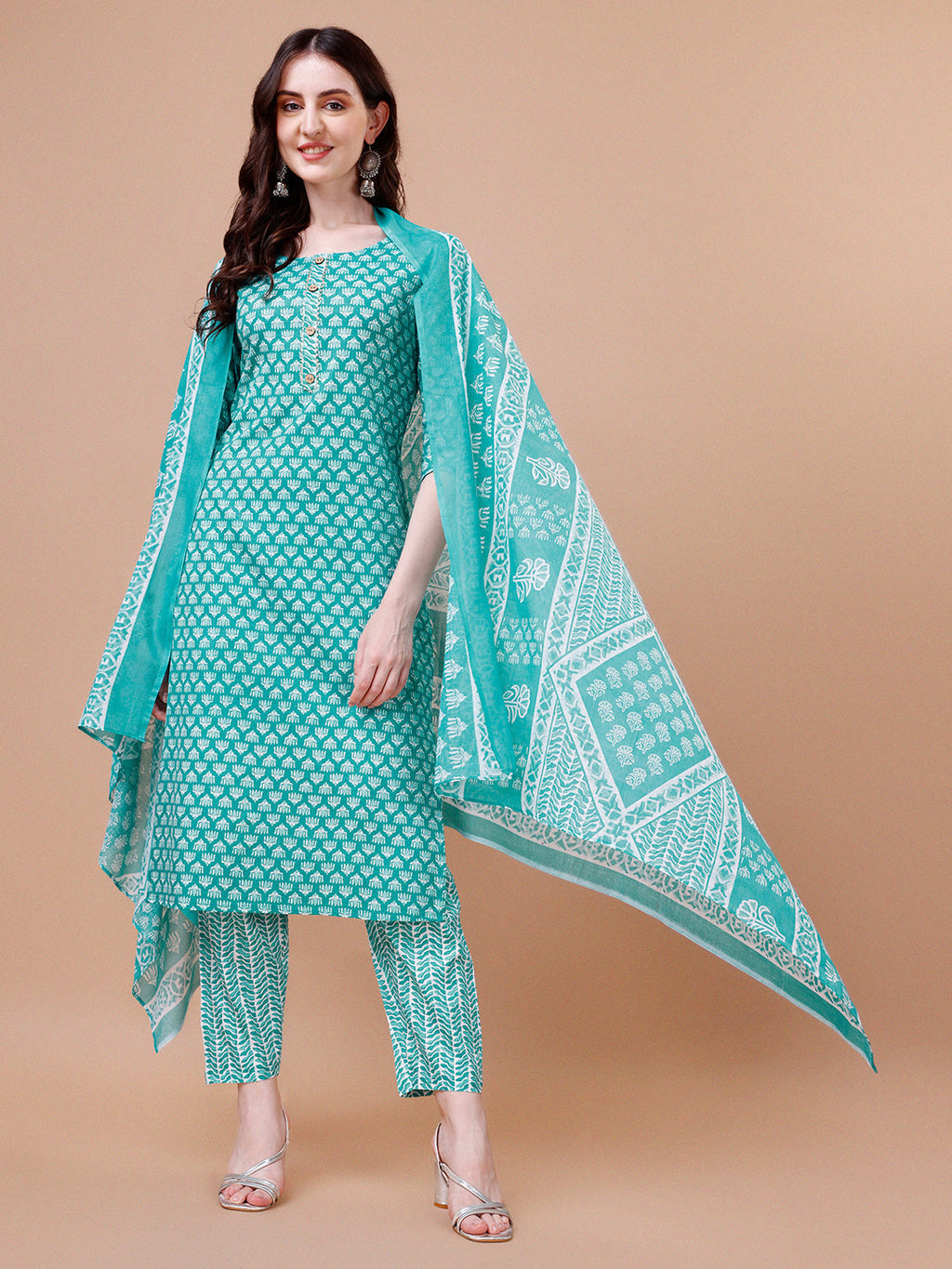 Multicolor ethnic motifs printed cotton kurta, pant, and dupatta set by Hiral Fashion
