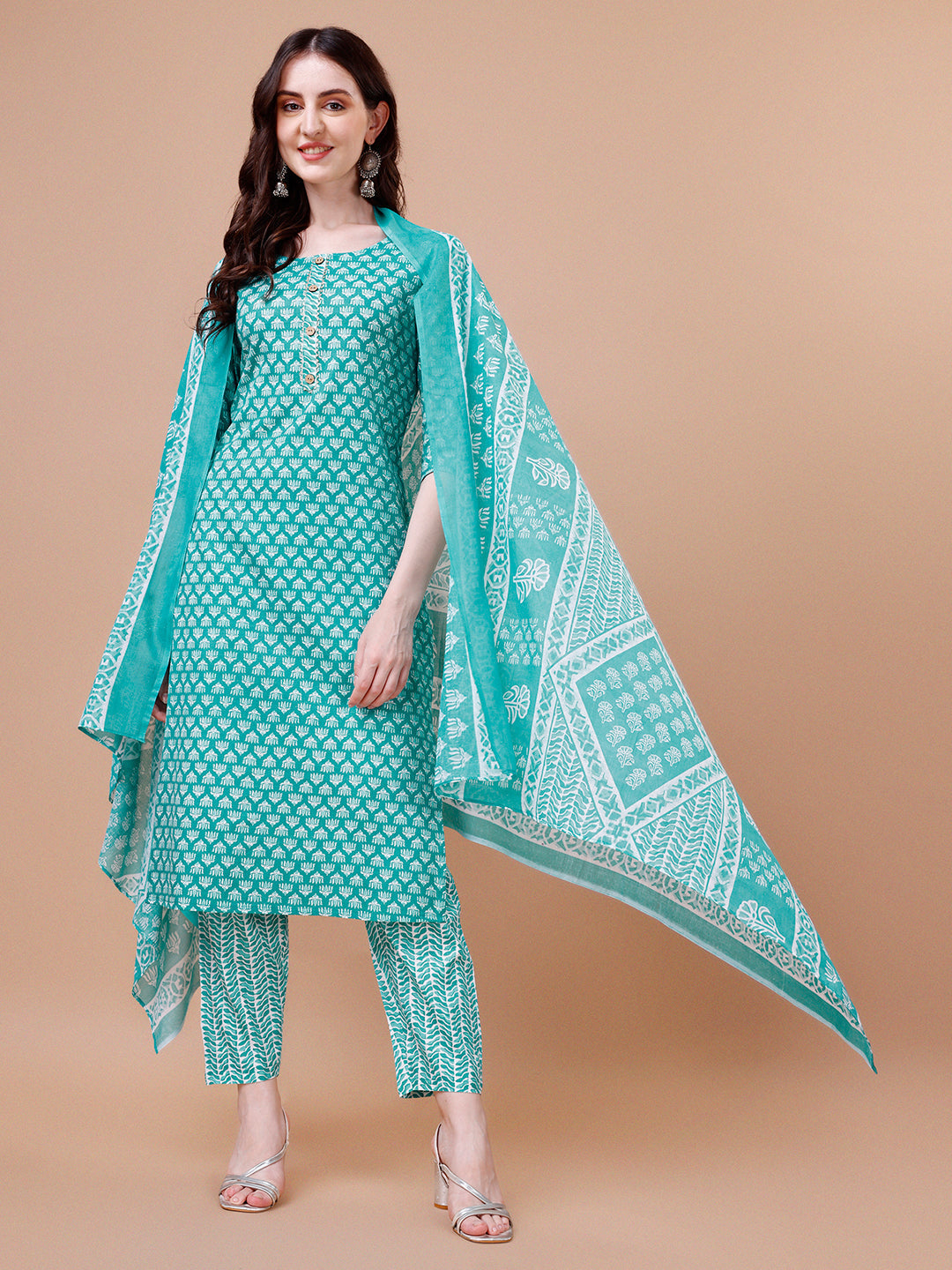 Multicolor ethnic motifs printed cotton kurta, pant, and dupatta set by Hiral Fashion