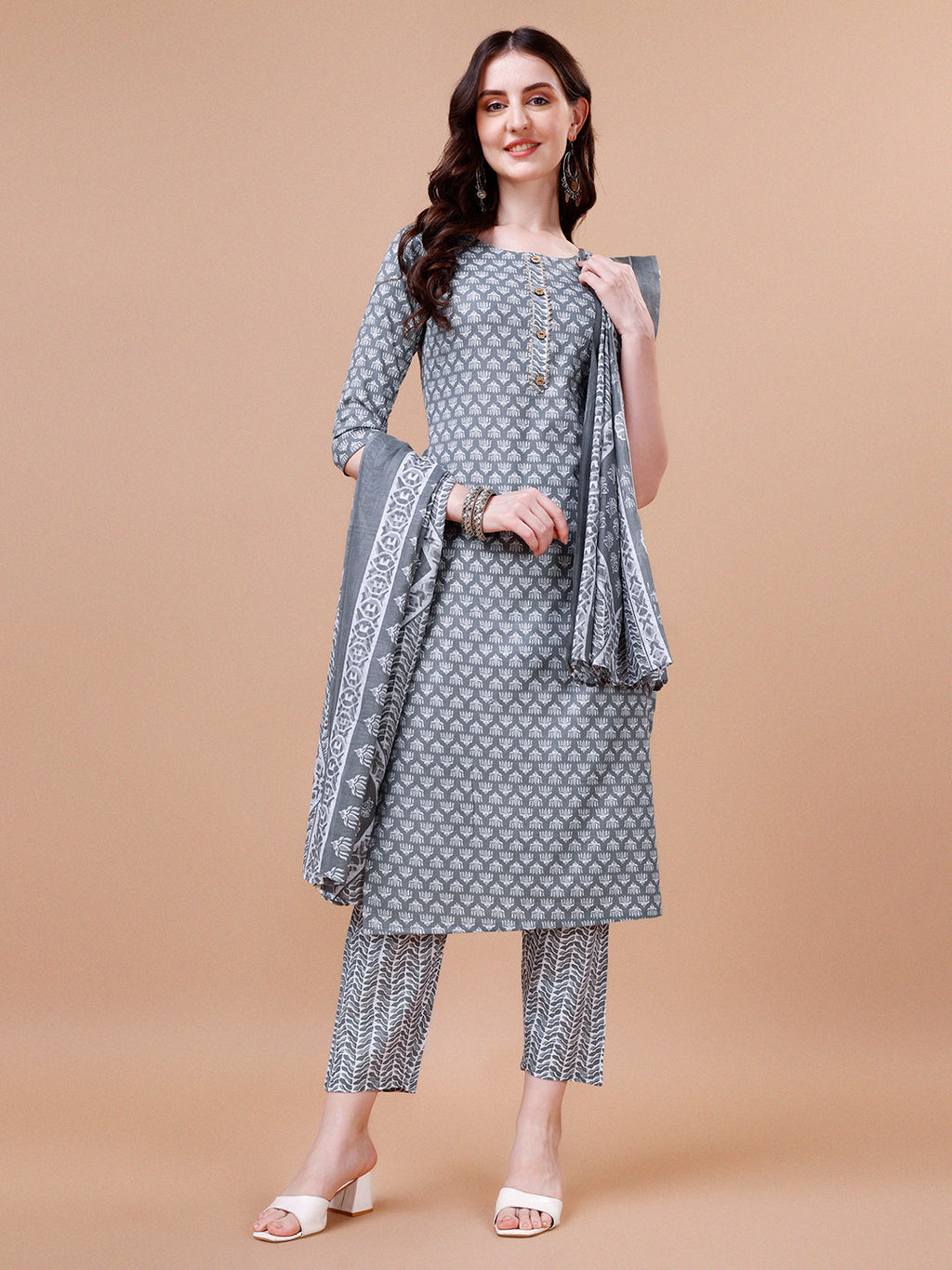 Multicolor ethnic motifs printed cotton kurta, pant, and dupatta set by Hiral Fashion