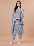 Multicolor ethnic motifs printed cotton kurta, pant, and dupatta set by Hiral Fashion
