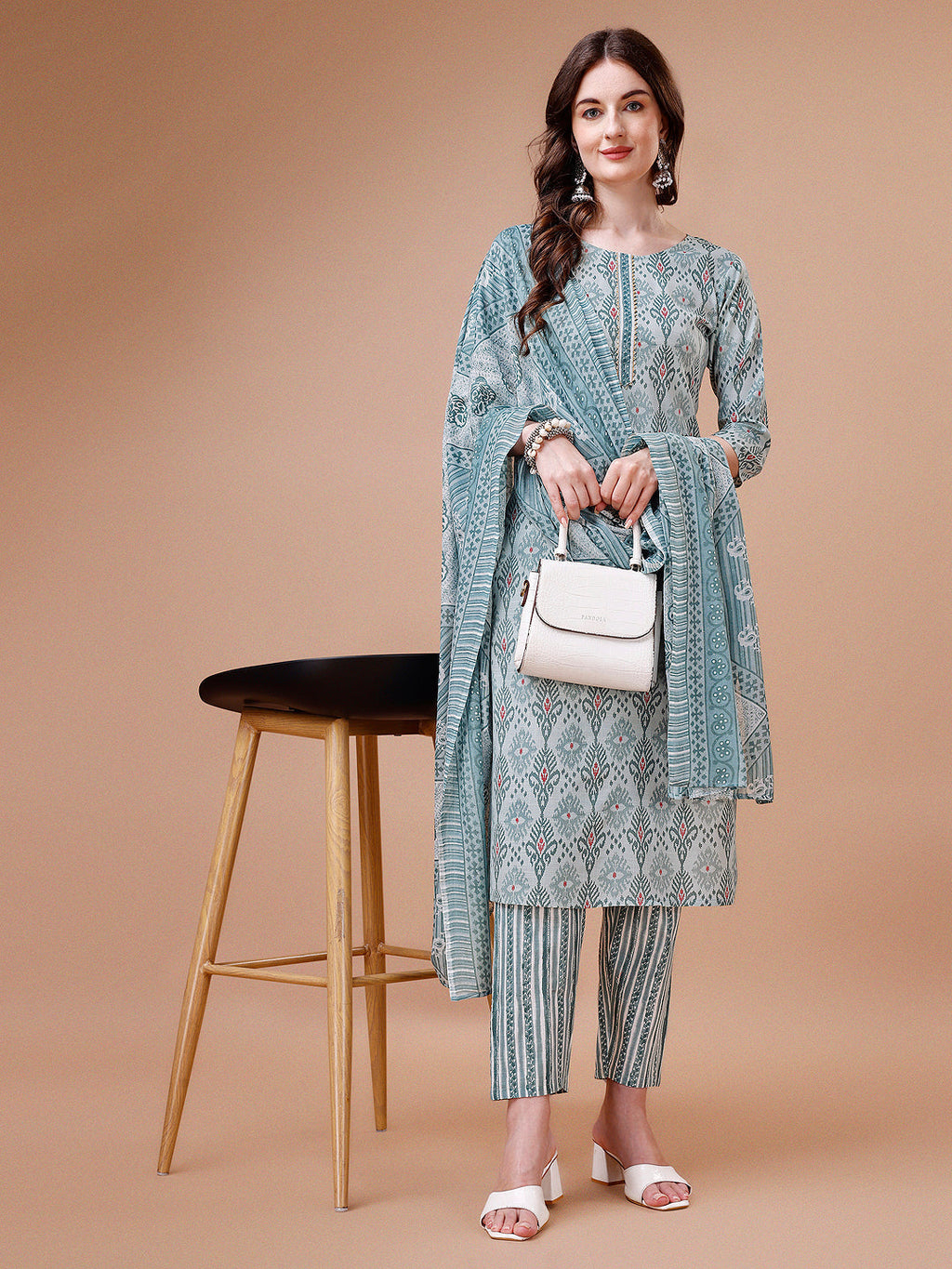 Printed cotton kurta set with 3/4th sleeves, pants, and dupatta