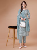 Printed cotton kurta set with 3/4th sleeves, pants, and dupatta
