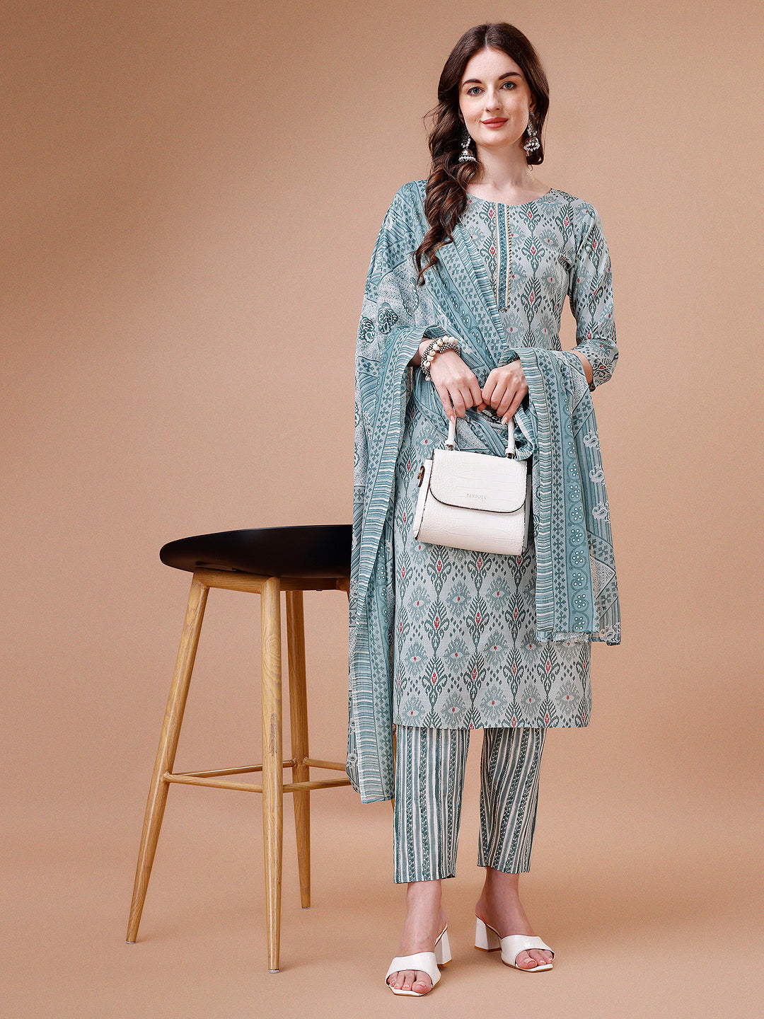 Printed cotton kurta set with 3/4th sleeves, pants, and dupatta