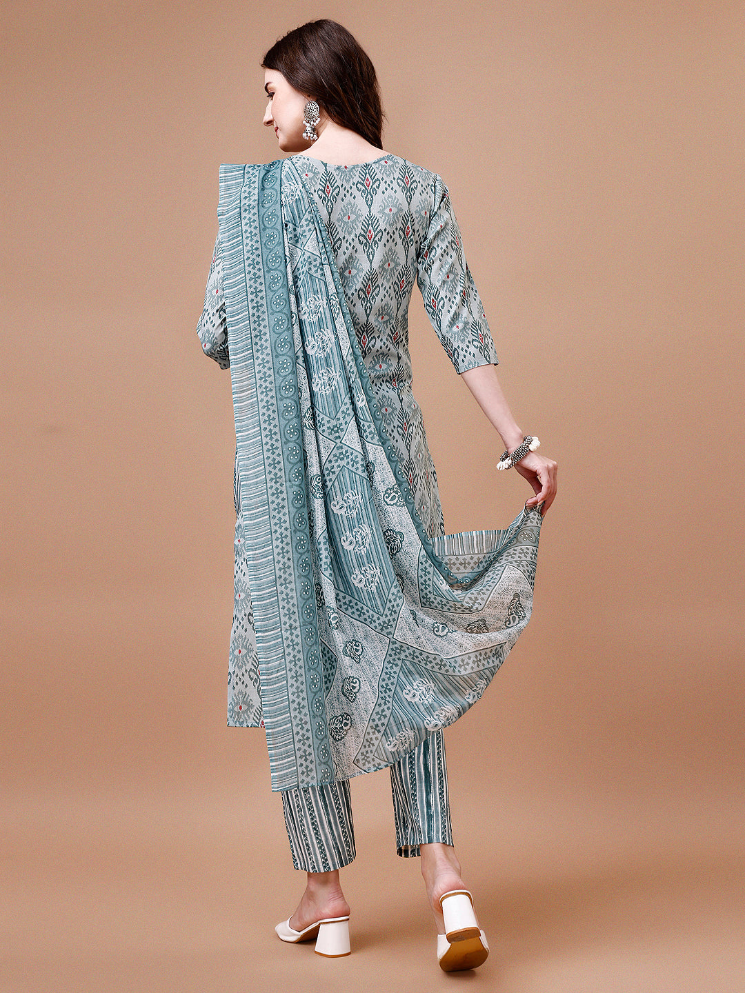 Printed Cotton Kurta with Pant & Dupatta Set, 3/4th Sleeves