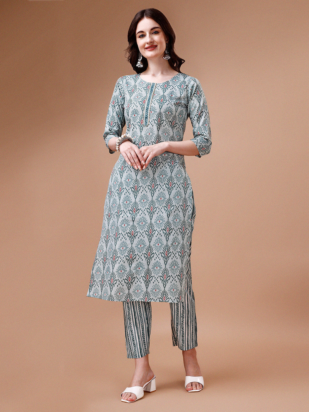 Printed Cotton Kurta with Pant & Dupatta Set, 3/4th Sleeves