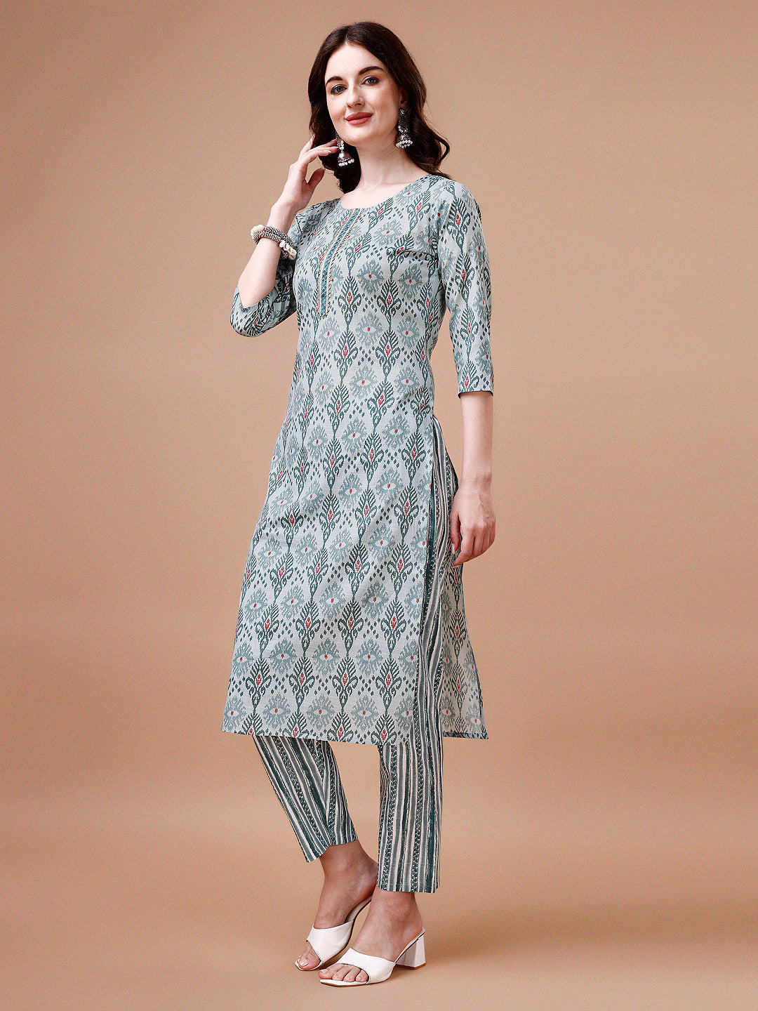 Printed Cotton Kurta with Pant & Dupatta Set, 3/4th Sleeves