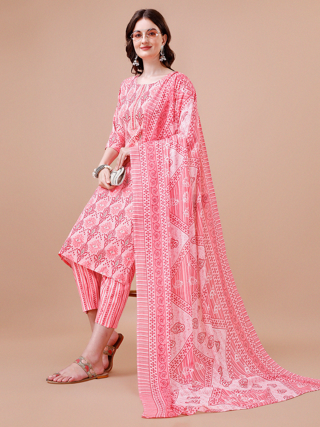 Printed Cotton Rayon Kurta Set with Dupatta