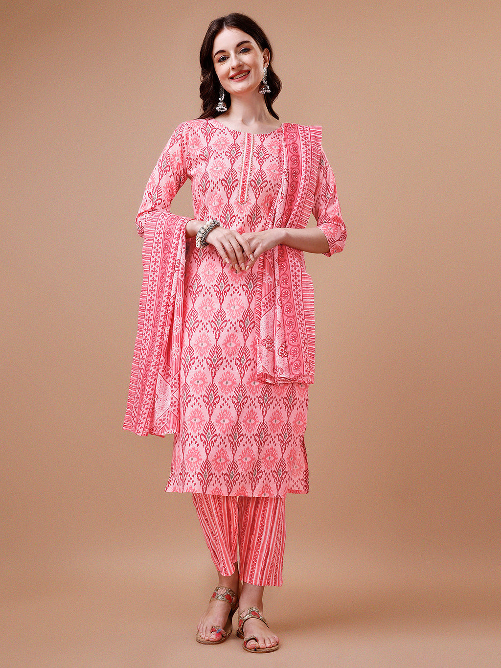 Multicolor printed rayon kurta with 3/4 sleeves and matching dupatta