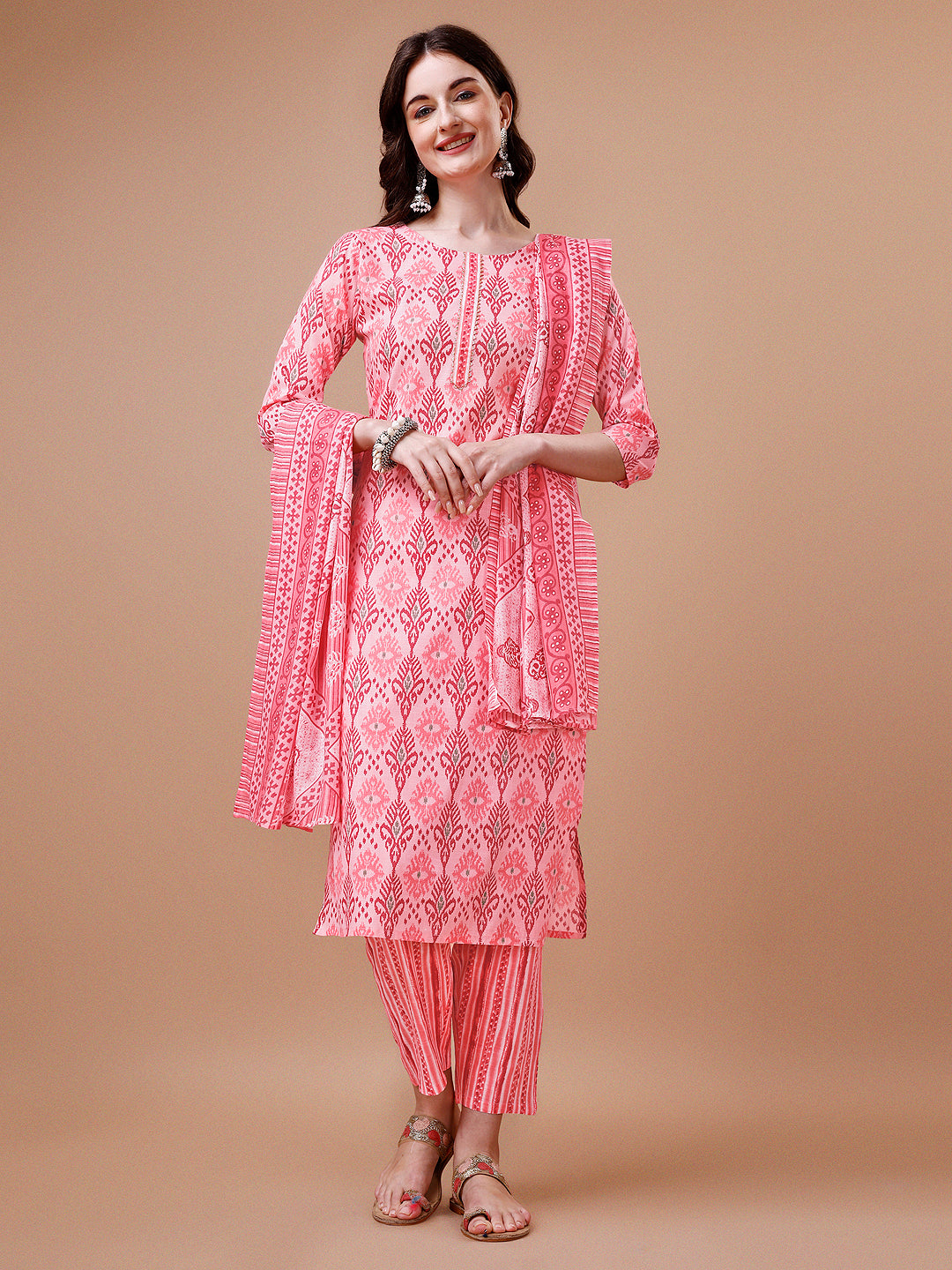 Multicolor printed rayon kurta with 3/4 sleeves and matching dupatta