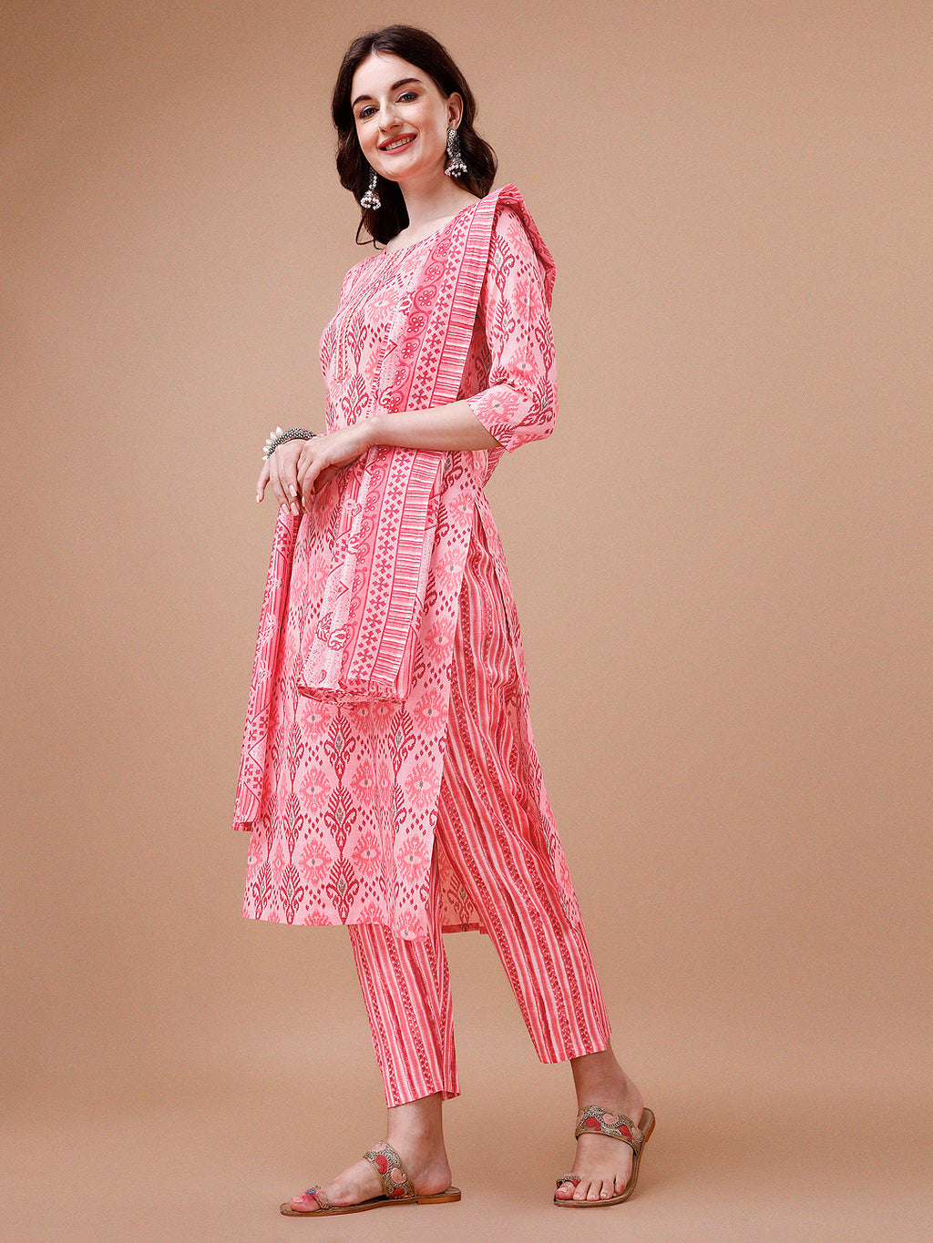 Printed Cotton Rayon Kurta Set with Dupatta
