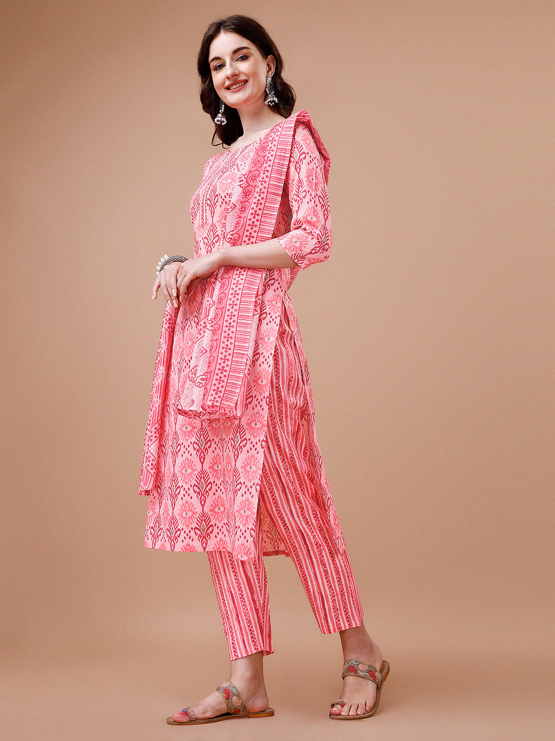 Printed Cotton Rayon Kurta Set with Dupatta