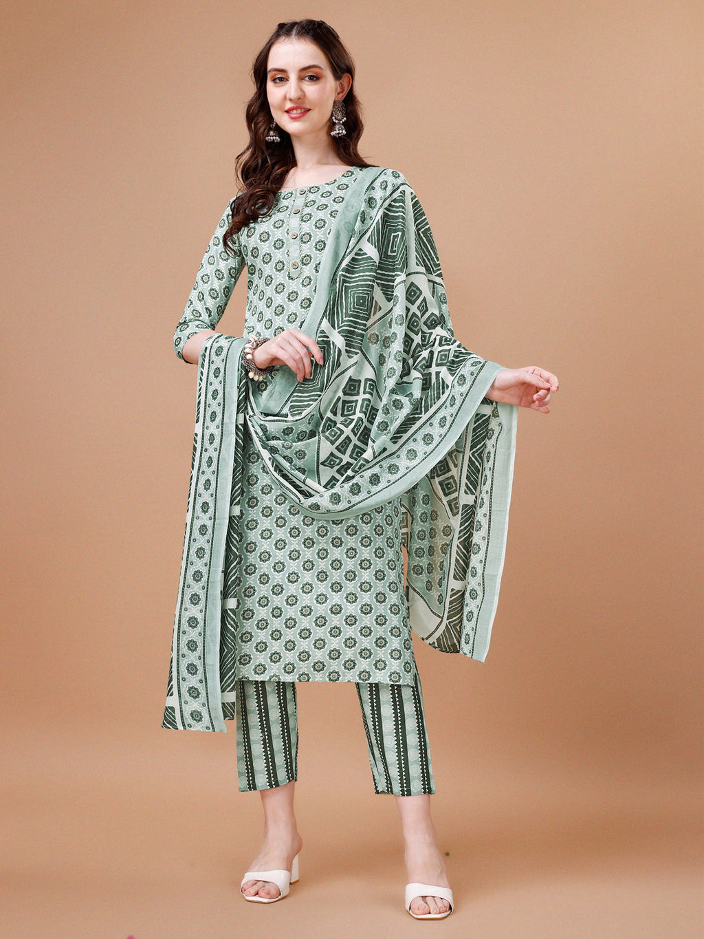 Multicolor floral printed rayon kurta with matching pants and dupatta set