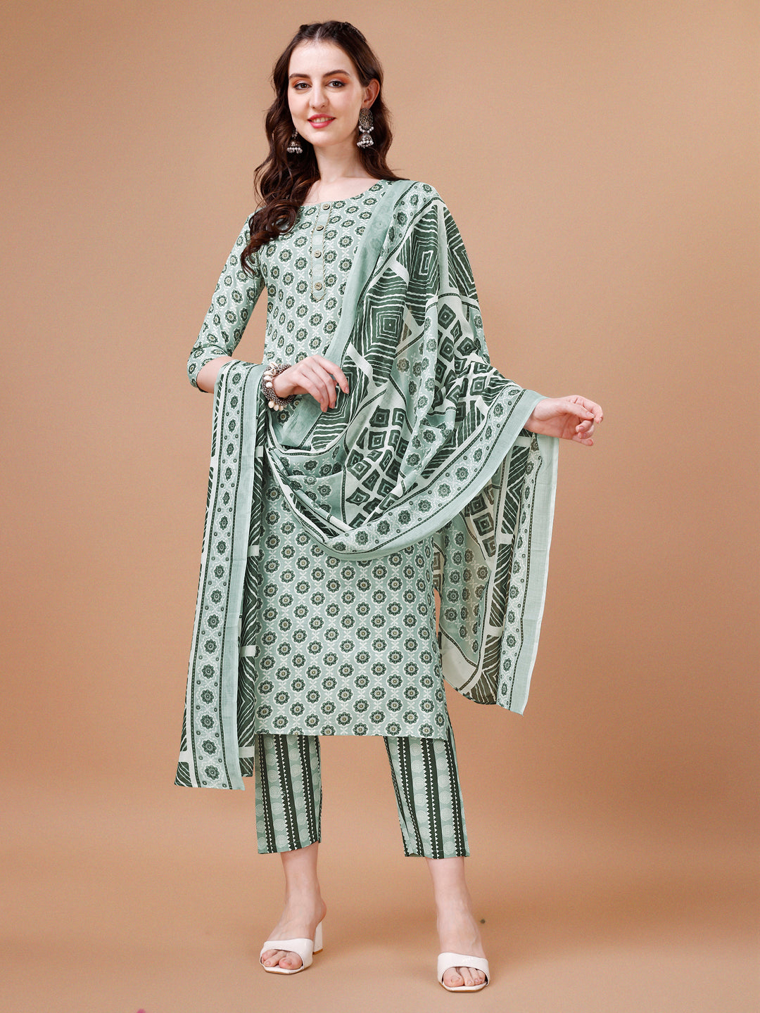 Multicolor floral printed rayon kurta with matching pants and dupatta set