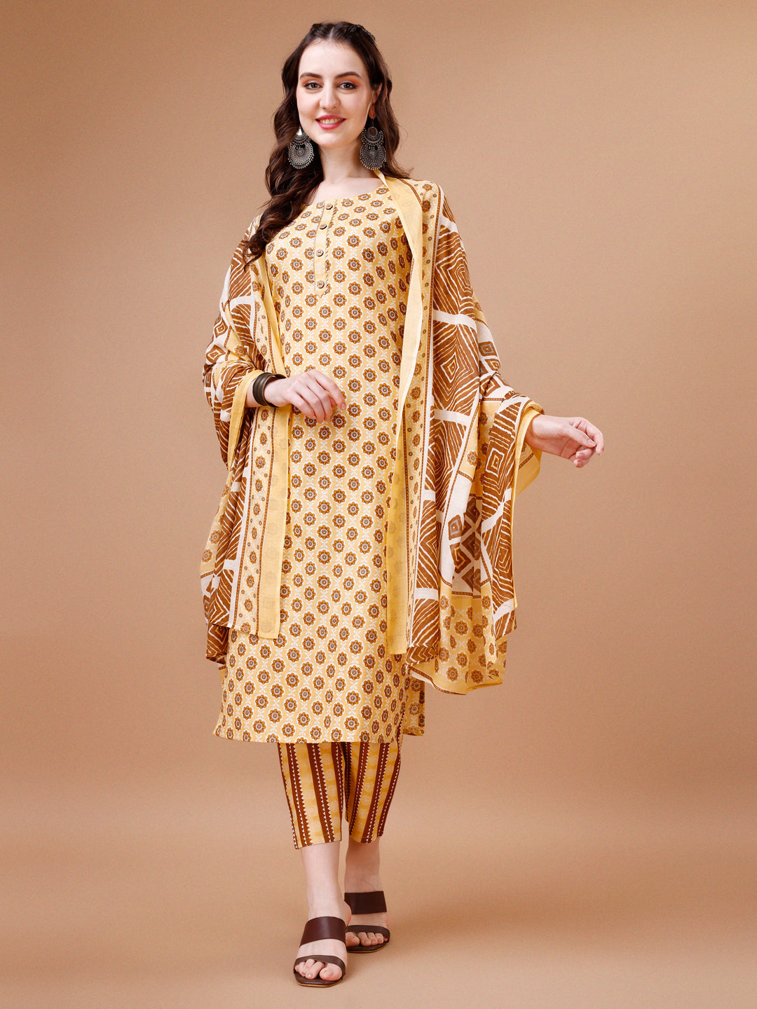Multicolor floral printed rayon kurta set with matching pants and dupatta