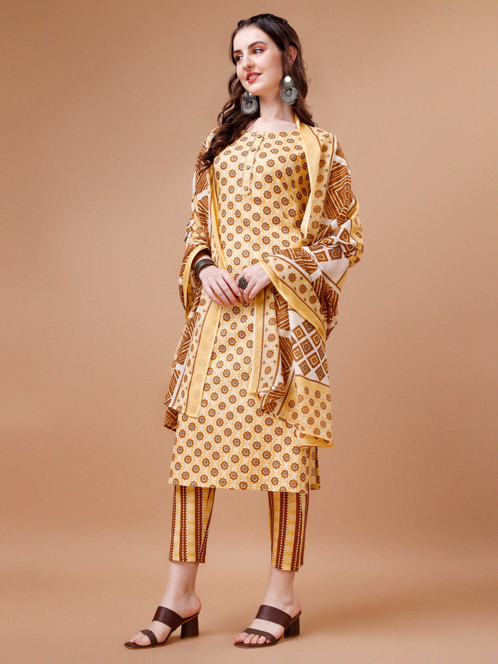 Multicolor Floral Printed Cotton Kurta Set with Pant and Dupatta