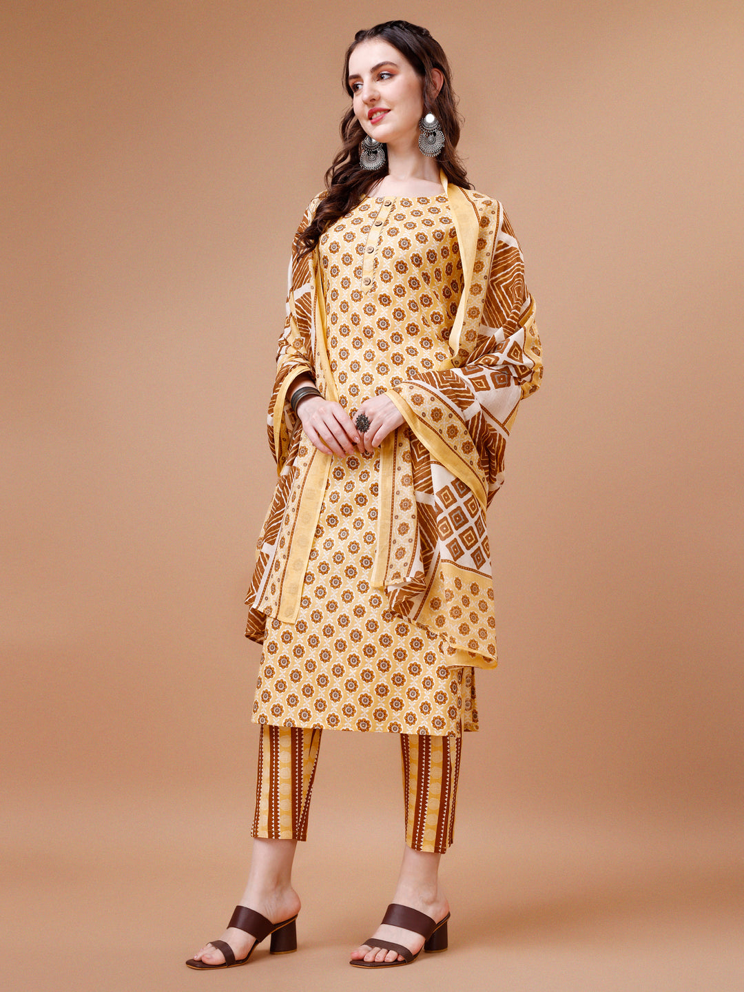 Multicolor Floral Printed Cotton Kurta Set with Pant and Dupatta