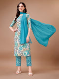 Multicolor floral print rayon kurta with 3/4 sleeves, matching pants, and dupatta