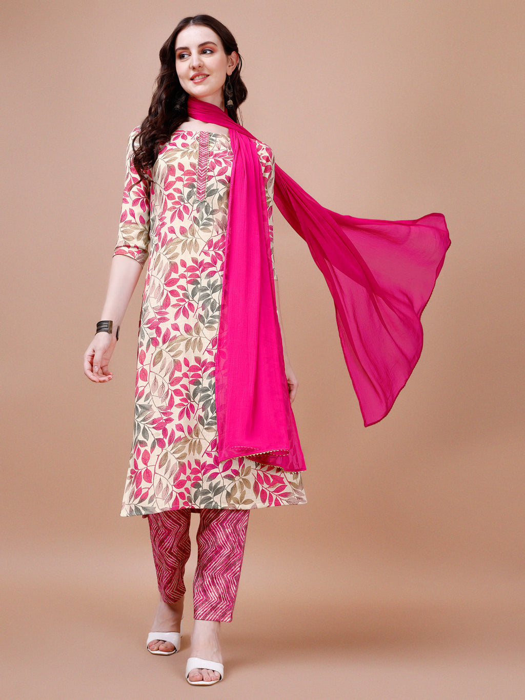 Multicolor floral print kurta set with 3/4th sleeves, matching pant, and dupatta