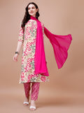 Multicolor floral print kurta set with 3/4th sleeves, matching pant, and dupatta